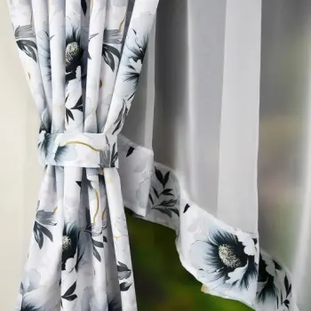 Firanka woalowa zasłony szare w białe kwiaty komplet 160x400 cm zestaw