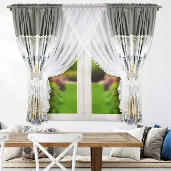Komplet zasłony w liście firanka woalowa pompony 160x400 cm beżowo szary