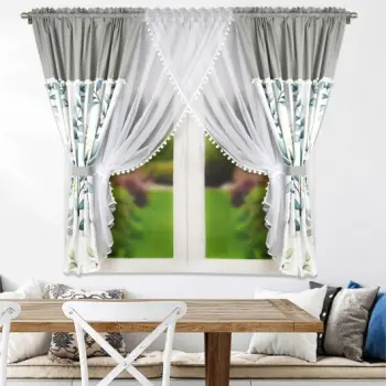 Komplet zasłony zielone liście firanka woalowa pompony 160x400 cm