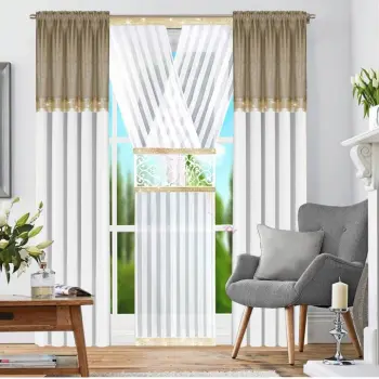 Firana panel ażur woal 250x120 w zestawie zasłony 250x 145 złoty beż